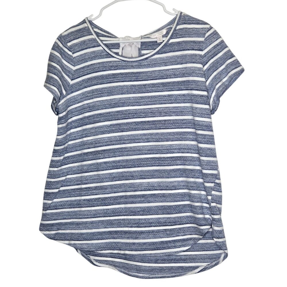 Lauren Conrad Blue & White Striped Short Sleeve Top Back Bow L Nautical Feminine
